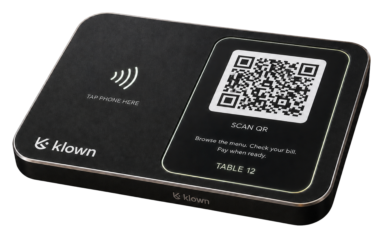 Klown table device with QR code and tap-to-pay
