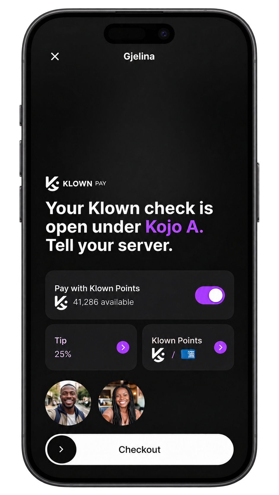 Klown Pay mobile checkout screen